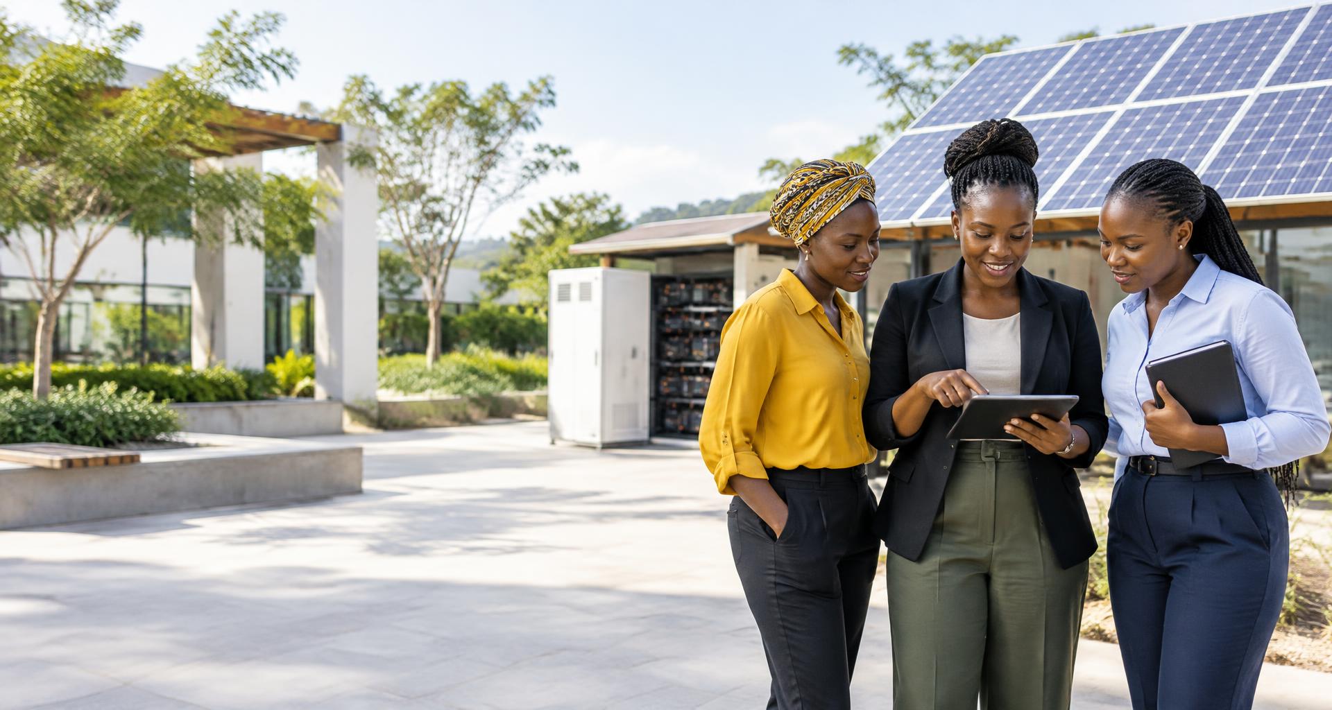 Women entrepreneurs collaborating at a solar-powered community enterprise